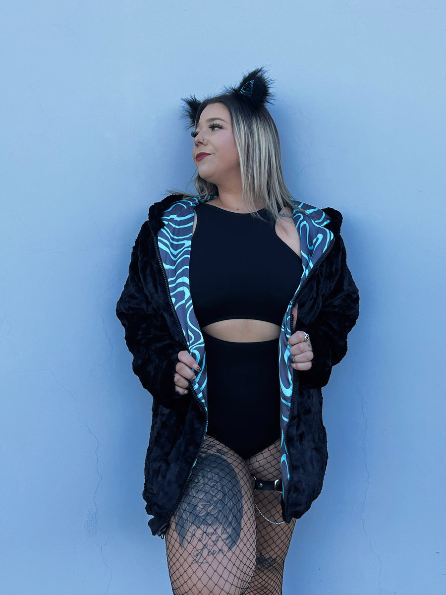 Black Glow Shroom Reversible Faux Fur Jacket